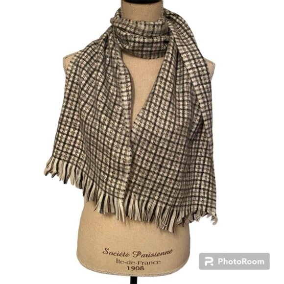 WOMEN’S UNISEX SCARF CASHMERE WHITE GRAY BLACK PLAID LONG RECTANGLE FRINGE - Picture 1 of 9